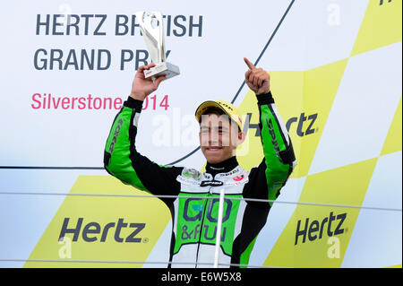 Silverstone im Vereinigten Königreich. 31. August 2014. MotoGP2. Britisches großartiges Prix. Enea Bastianini auf Podest. Bildnachweis: Aktion Plus Sport/Alamy Live-Nachrichten Stockfoto