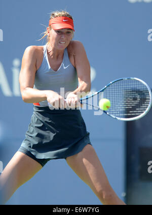 New York, NY, USA. 31. August 2014. Maria Sharapova Russlands gibt einen Schuss gegen Caroline Wozniacki aus Dänemark in der vierten Vorrundenspiel der Frauen Einzel bei den 2014 US Open in New York, Vereinigte Staaten, 31. August 2014 zurück. Bildnachweis: Xinhua/Alamy Live-Nachrichten Stockfoto