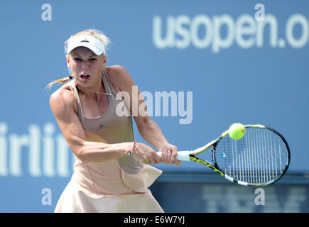 New York, NY, USA. 31. August 2014. Caroline Wozniacki aus Dänemark gibt einen Schuss während der Frauen Singles viertes Vorrundenspiel gegen Maria Sharapova Russlands bei den 2014 US Open in New York, Vereinigte Staaten, 31. August 2014 zurück. Bildnachweis: Xinhua/Alamy Live-Nachrichten Stockfoto