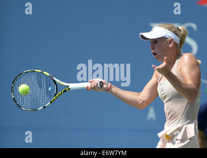 New York, NY, USA. 31. August 2014. Caroline Wozniacki aus Dänemark gibt einen Schuss während der Frauen Singles viertes Vorrundenspiel gegen Maria Sharapova Russlands bei den 2014 US Open in New York, Vereinigte Staaten, 31. August 2014 zurück. Bildnachweis: Xinhua/Alamy Live-Nachrichten Stockfoto