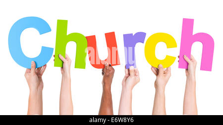Multiethnische Hände halten Text Kirche Stockfoto