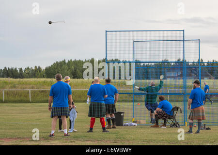 Calgary, Alberta, Kanada. 30. August 2014. Hammer-Werfer Ansehen eines Mitbewerbers werfen während der Calgary Highland Games, Calgary, Alberta, Kanada am Samstag, 30. August 2014 Die Calgary-Spiele sind eine langjährige Tradition, gehen in ihre zweite Jahrhundert dieses Jahr. Bildnachweis: Rosanne Tackaberry/Alamy Live-Nachrichten Stockfoto