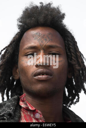 Afar Stammes Mann mit lockigem Haar und Gesichts-Tattoos, Assayta, Äthiopien Stockfoto
