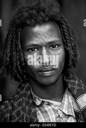 Afar Stammes Mann mit lockigem Haar und Gesichts-Tattoos, Assayta, Äthiopien Stockfoto