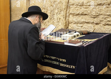 Jude liest Thora in der Nähe der Thoraschrein an der Klagemauer, Jerusalem, Israel Stockfoto