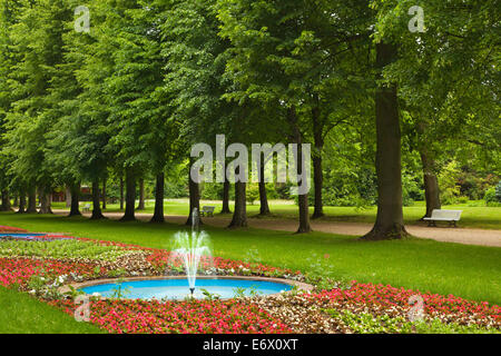 Allee von Linden mit Brunnen, Kurpark Bad Pyrmont, Niedersachsen, Deutschland Stockfoto