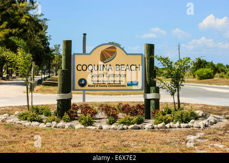 Coquina Beach Zeichen auf Anna Maria Island in Bradenton FL Stockfoto