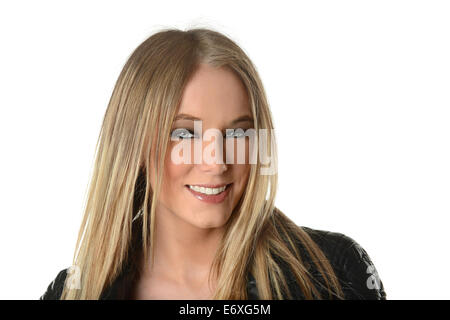 Porträt der jungen Unternehmerin lächelnd isoliert auf weißem Hintergrund Stockfoto