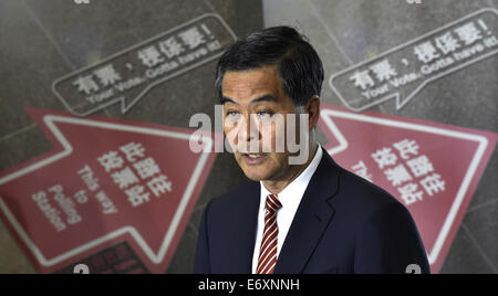 Hong Kong. 1. September 2014. CY-Leung, Chief Executive der Hong Kong Special Administrative Region (HKSAR), spricht während einer Pressekonferenz in Hong Kong, Süd-China, 1. September 2014. Leung äußerte seine Unterstützung für die Entscheidung der Auswahl der Chief Executive von HKSAR allgemeiner ab 2017 weiter. Bildnachweis: Xinhua/Alamy Live-Nachrichten Stockfoto
