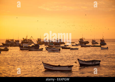 Angelboote/Fischerboote bei Sonnenuntergang, Salaverry in der Nähe von La Libertad, Trujillo, Peru Stockfoto