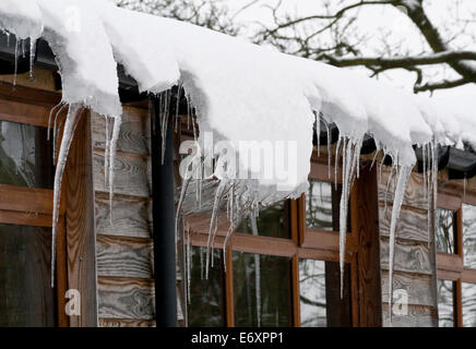 Eiszapfen und Schnee hängen über den Rand eines Daches in Hainford, Norfolk, England, Uk Stockfoto