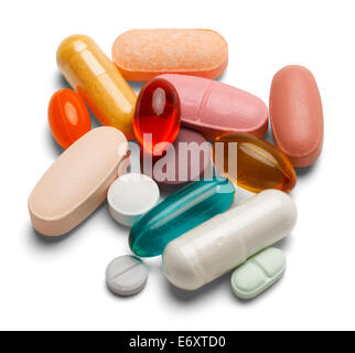 Verschiedene farbige Medizin und Arten von Pillen, die isoliert auf einem weißen Hintergrund. Stockfoto