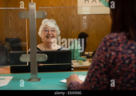 74-jährige Großmutter Jenny Millard ehrenamtliche Arbeit bei Hafren Credit Union Newtown Powys Wales UK, Stockfoto