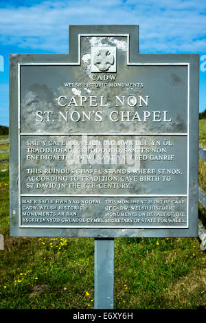 Melden Sie bei der zerstörten Kapelle von Saint Non (St Non Kapelle an) der Pembrokeshire Küste in der Nähe von St Davids, Südwales Stockfoto