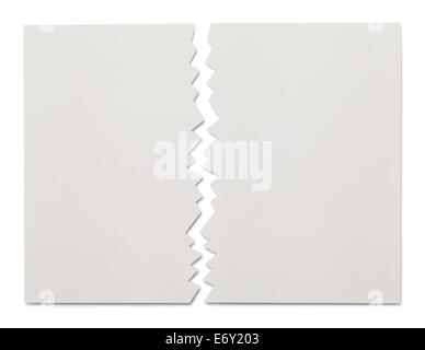 Weißes Blatt Papier Riss entzwei, Isolated on White Background. Stockfoto