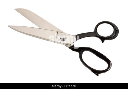 Offenes Paar Schere mit schwarzen Griffe isolierten auf weißen Hintergrund. Stockfoto