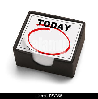 Box-Kalender mit heute drauf und ein rot leer Kreis isoliert auf weißem Hintergrund. Stockfoto