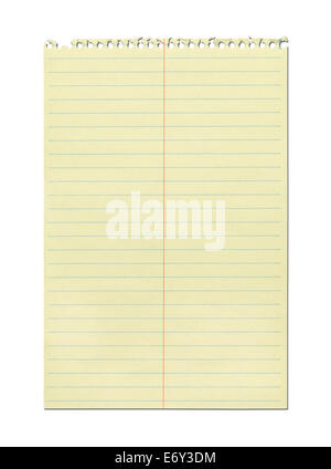 Blatt der gelbe Spirale Notebook Papier isoliert auf weißem Hintergrund herausgerissen. Stockfoto