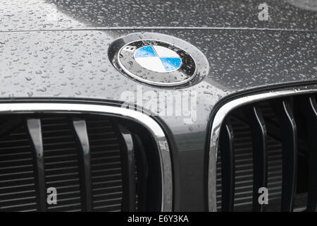 München, Deutschland - 9. August 2014: BMW Logo auf nassem Untergrund der Haube des neuen Modells Elite deluxe Auto. Stockfoto