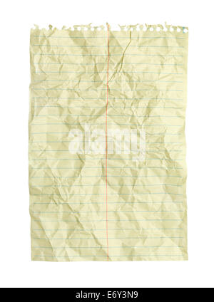 Zerknitterte gelbe Spirale Notebook Linie Papier isoliert auf weißem Hintergrund. Stockfoto