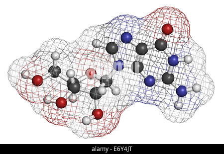 Guanosin-Purin-Nukleosid-Molekül. Wichtiger Bestandteil des BIP, GTP, cGMP, GMP und RNA. Atome sind als Kugeln mit vertreten. Stockfoto