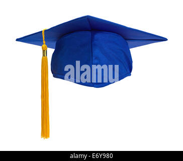 Blauer Graduierung Hut mit Gold Quaste, Isolated on White Background. Stockfoto