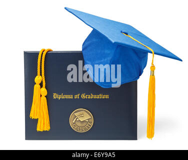 Diplom der Graduierung mit blauen Doktorhut und Ehre Kordeln, Isolated on White Background. Stockfoto