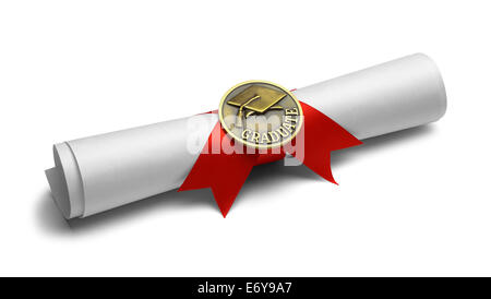 Abschluss mit Diplom Medaille und Red Ribbon Isolated on White Background. Stockfoto