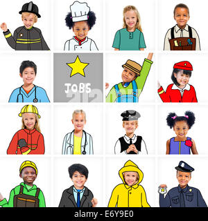 Multiethnische Gruppe von Kindern mit verschiedenen Jobs Konzepte Stockfoto