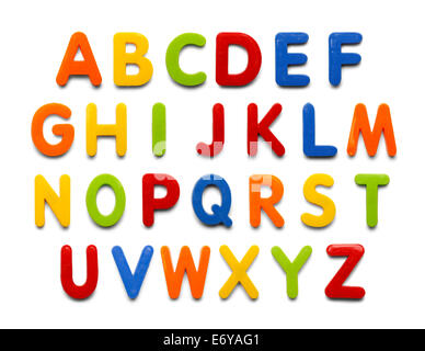 Magnetische Kunststoff Alphabet bunte ABC Buchstaben isoliert auf weißem Hintergrund. Stockfoto