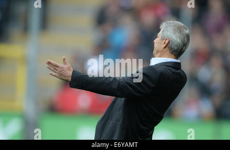 Freiburg, Deutschland. 31. August 2014. Mönchengladbach Cheftrainer Lucien Favre Gesten während der Fußball-Bundesliga zwischen SC Freiburg und Borussia Moenchengladbach in Freiburg im Breisgau, 31. August 2014 übereinstimmen. Foto: Patrick Seeger/Dpa/Alamy Live News Stockfoto