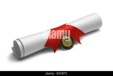 Grad-Schriftrolle mit Red Ribbon und Diplom-Medaille, Isolated on White Background. Stockfoto