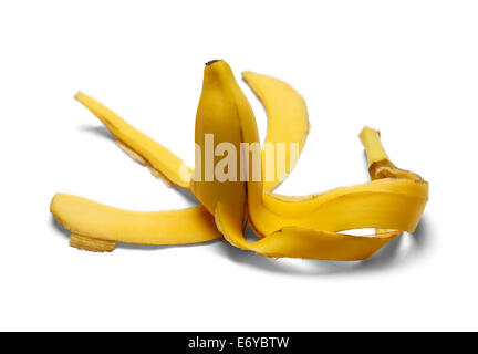 Halb gegessen Banane mit Schale Verlegung auf Boden isoliert auf einem weißen Hintergrund. Stockfoto