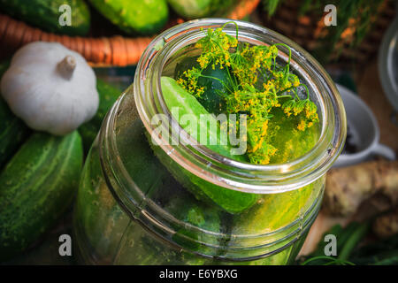 Nahaufnahme von Glas eingelegtes Gemüse und andere Zutaten für Beizen Stockfoto