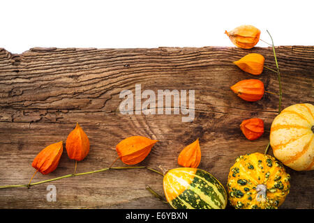 Gaben des Herbstes auf alten Brett mit Platz für text Stockfoto