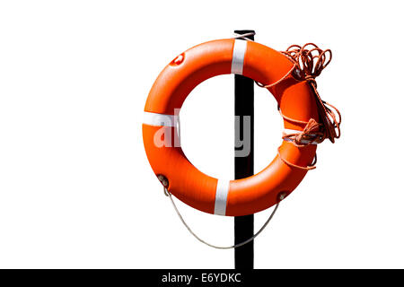 Orange live saving ring hanging on a black pole isolated against white background Stockfoto