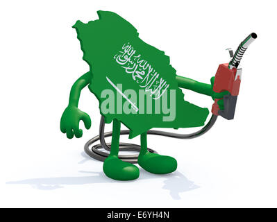 Saudi Arabien Karte mit Armen, Beinen und Kraftstoff Pumpe in der hand, 3d illustration Stockfoto