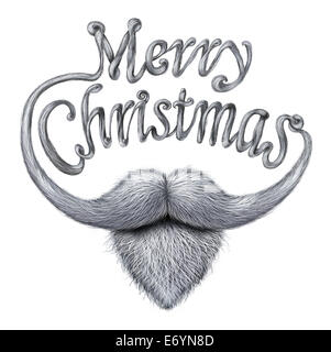 Frohe Weihnachten-Konzept als eine glückliche humorvolle Grußkartennachricht als Santa Klausel Bart und Schnurrbart mit langen Schnurrhaare geformt als geschriebener Text auf weißem Hintergrund. Stockfoto
