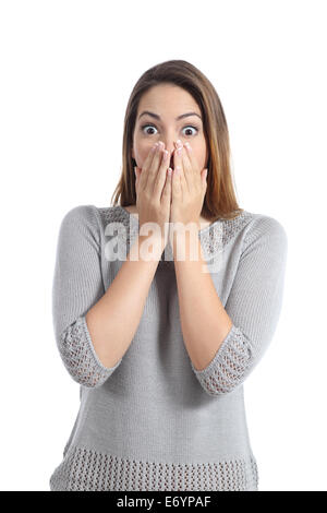 Überrascht Frau Ausdruck mit weit geöffneten Augen isoliert auf weißem Hintergrund Stockfoto