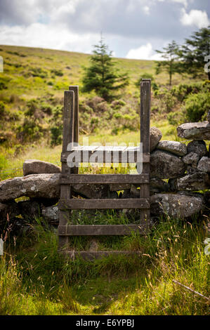 Hölzernen Stil über eine Trockensteinmauer im Dartmoor National Park, Devon, UK Stockfoto