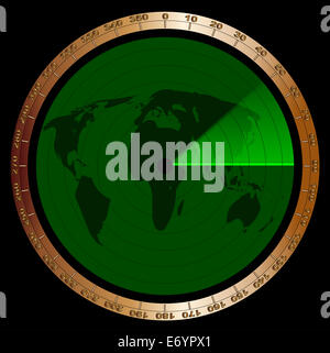 Der Bildschirm einer typischen Radar in grün mit Abstufungen und eine Karte der Kontinente Stockfoto