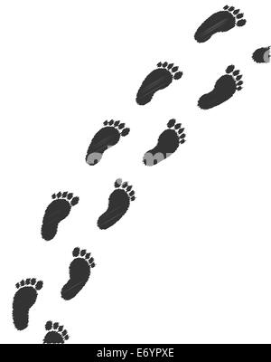 Eine Reihe von Childs schmutzige Fußabdrücke zu Fuß quer über die Seite auf einem weißen Hintergrund Stockfoto