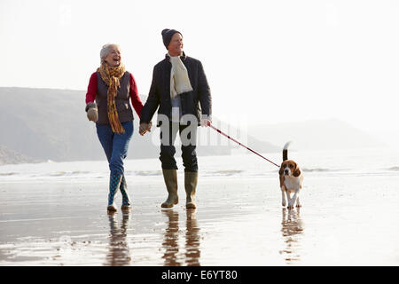 Älteres paar Winter Strand entlang mit Hund Stockfoto
