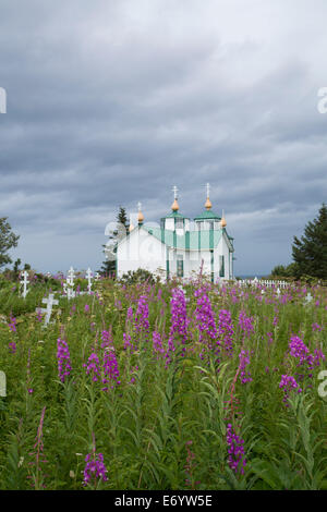 USA, Alaska, Ninilchik, Verklärung der Kirche unseres Herrn (alte russische Kirche), gegründet 1846 Stockfoto