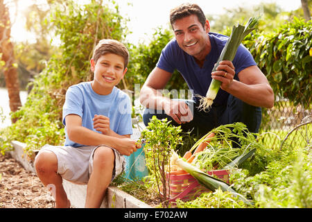 Vater und Sohn gemeinsam auf Zuteilung Stockfoto