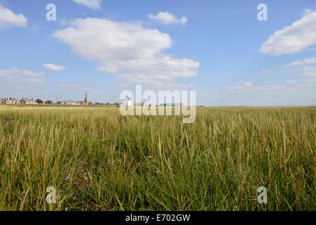 Blick aus dem Sumpf zurück in Richtung der Stadt lytham in Lancashire einschließlich lytham Mühle (Ebbe) Stockfoto