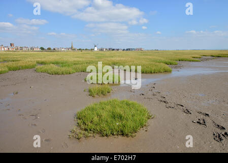 Blick aus dem Sumpf zurück in Richtung der Stadt lytham in Lancashire einschließlich lytham Mühle (Ebbe) Stockfoto