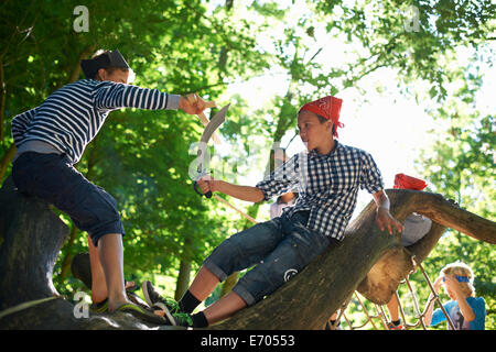 Jungen, verkleidet als Piraten, spielen im Baum Stockfoto