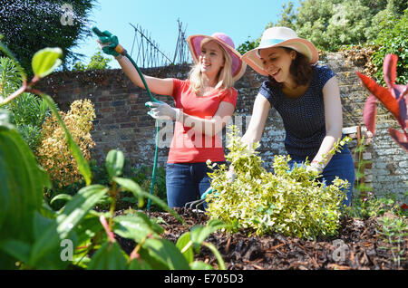 Junge Frauen, die Gartenbewässerung mit Schlauch Stockfoto