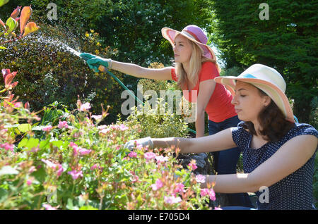 Junge Frauen, die Gartenbewässerung mit Schlauch Stockfoto